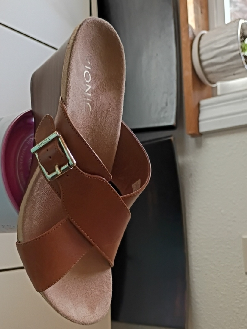 Vionic Tan Leather Cross-Strap Wedge Sandals with Buckle - Picture 6 of 6